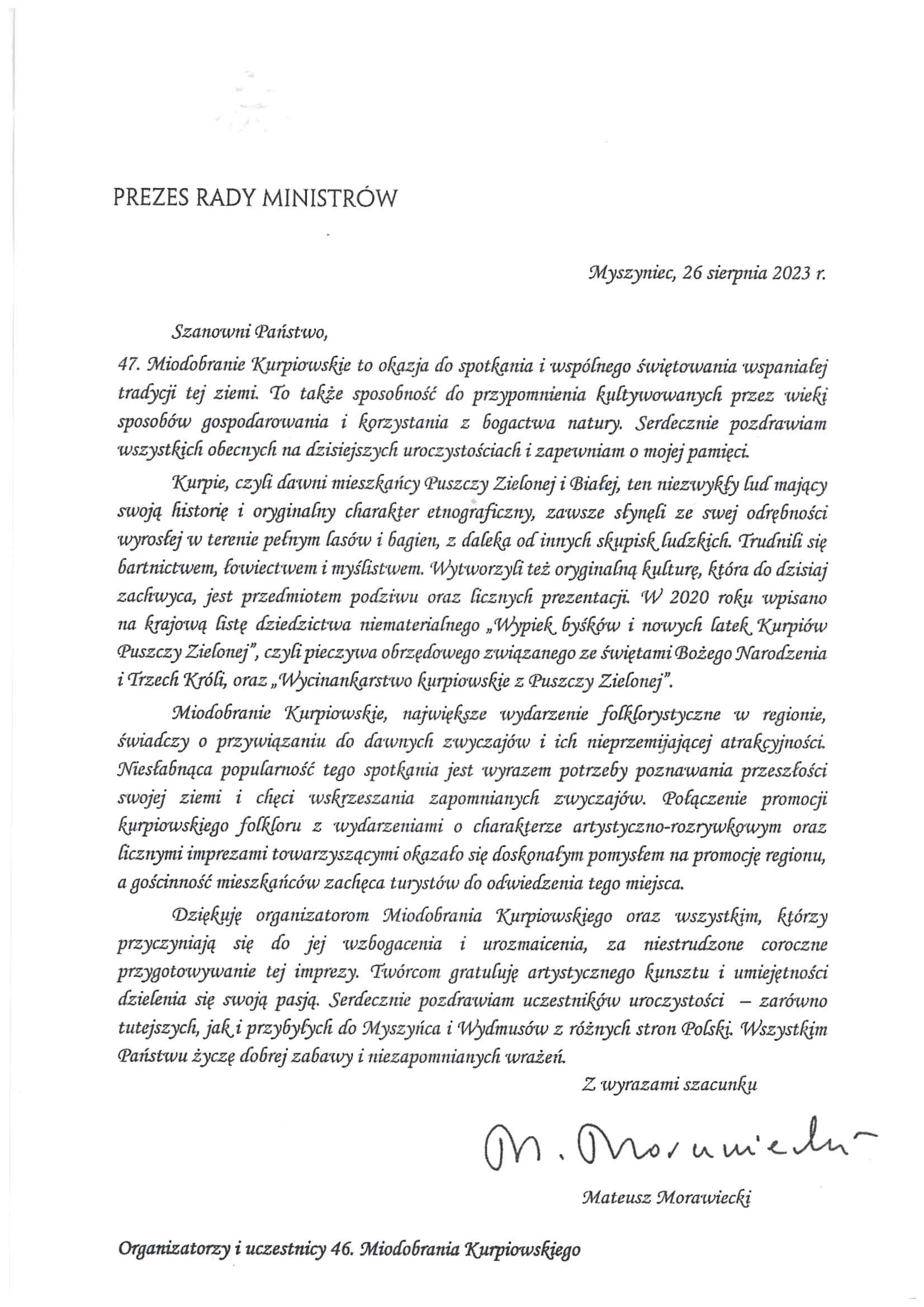 Pismo Prezesa Rady Ministrów do uczestników Miodobrania