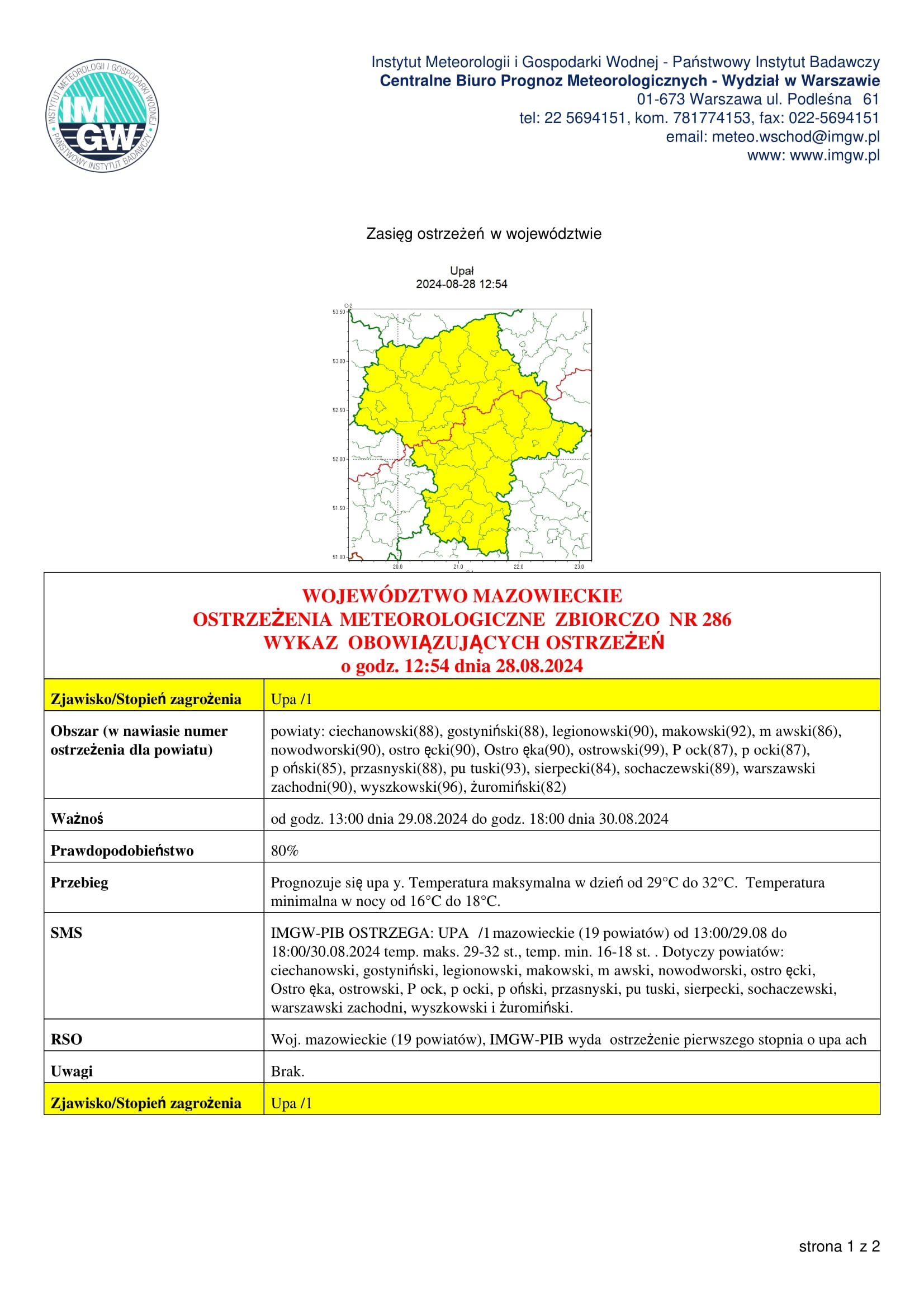 OSTRZEŻENIA METEOROLOGICZNE ZBIORCZO NR 286