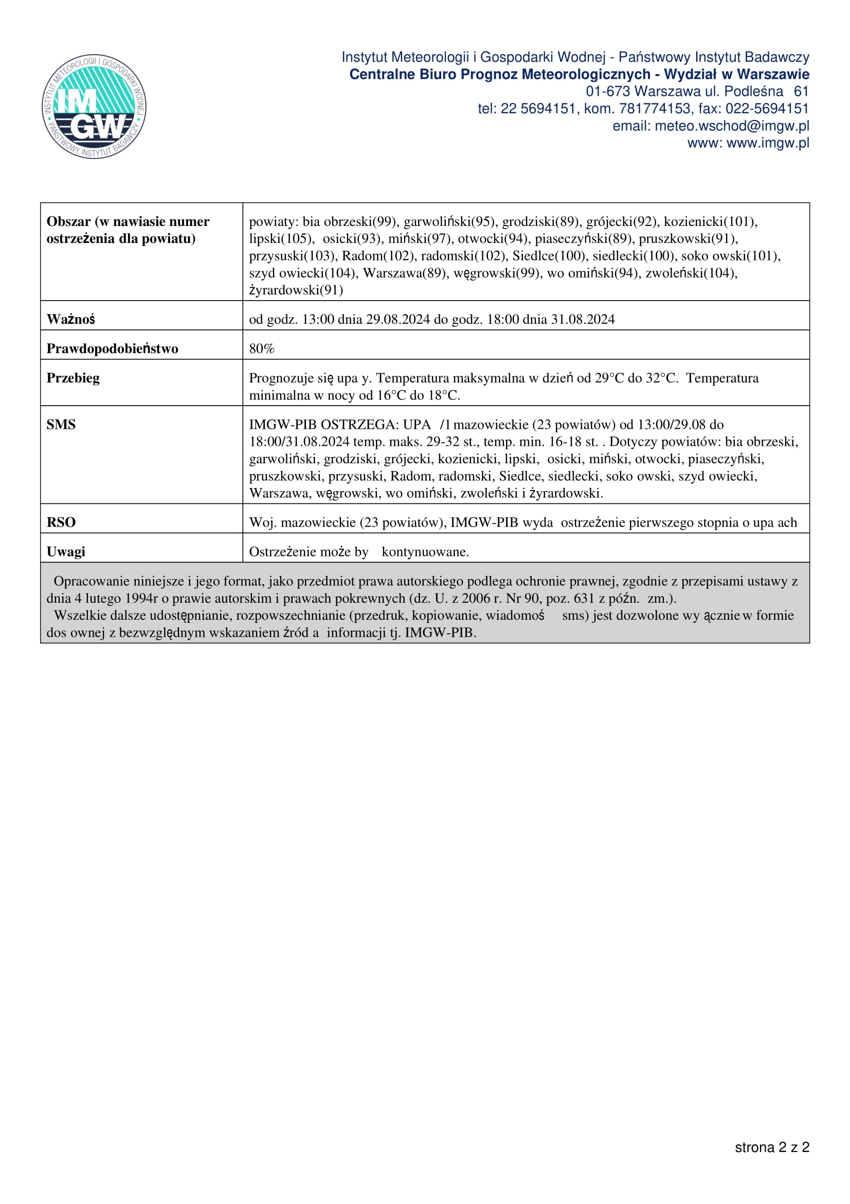 OSTRZEŻENIA METEOROLOGICZNE ZBIORCZO NR 286