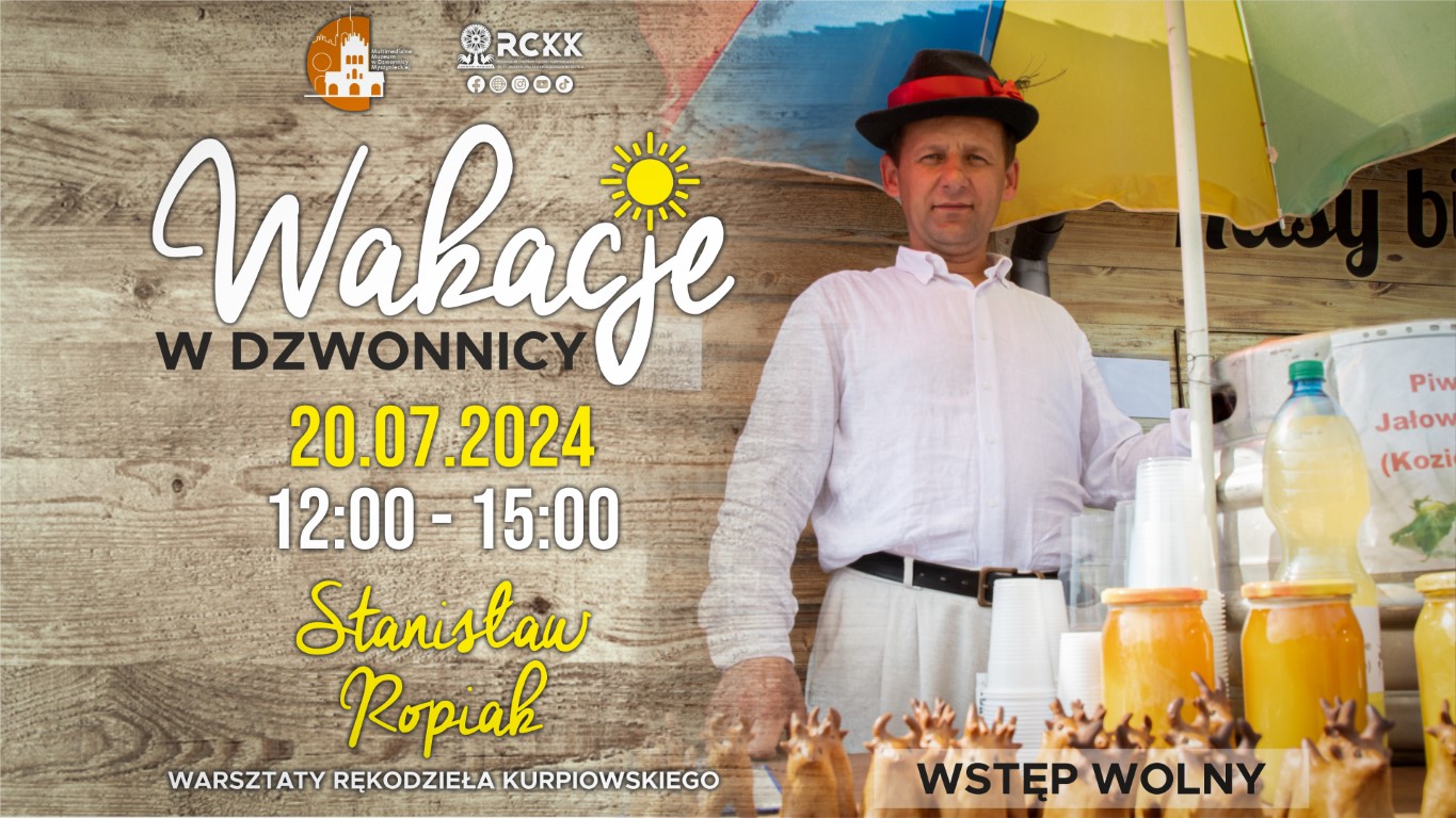 Plakat z zaproszeniem ma warsztaty rękodzieła ludowego  z Stanisławem Ropiakiem