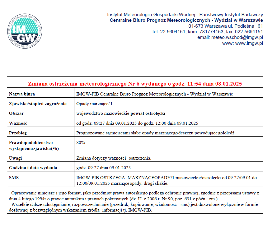 od godz. 09:27 dnia 09.01.2025 do godz. 12:00 dnia 09.01.2025 Prognozowane są miejscami słabe opady marznącego deszczu powodujące gołoledź.