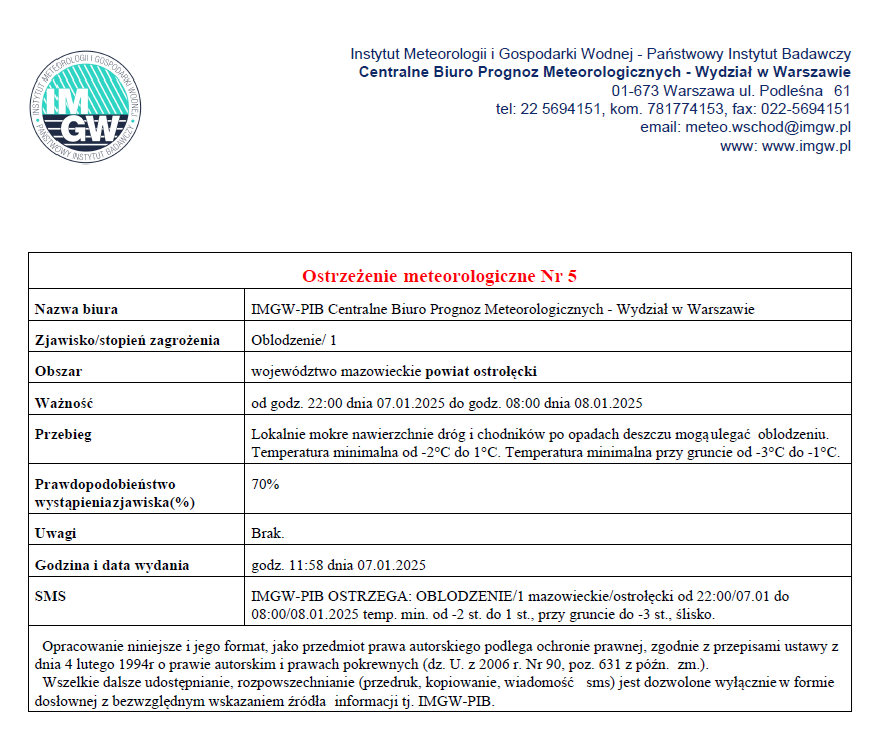 Lokalnie mokre nawierzchnie dróg i chodników po opadach deszczu mogą ulegać oblodzeniu. Temperatura minimalna od -2°C do 1°C. Temperatura minimalna przy gruncie od -3°C do -1°C.