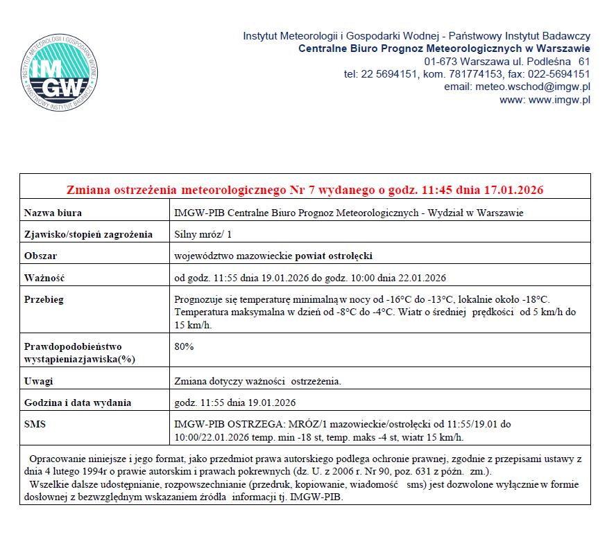 Zmiana ostrzeżenia meteorologicznego Nr 7 wydanego o godz. 11:45 dnia 17.01.2026
