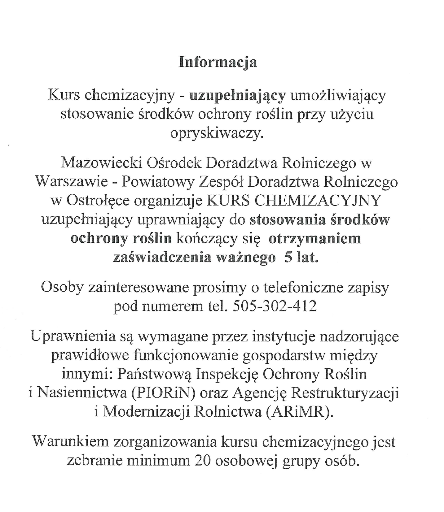Kurs chemizacyjny - informacja