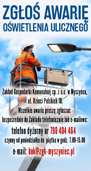 Wszelkie awarie proszę zgłaszać bezpośrednio do Zakładu telefonicznie lub e-mailowo: - telefon dyżurny nr 604 102 960  czynny od poniedziałku do          piątku w godz. 700-1500 - e-mail: bok@zgk-myszyniec.pl  