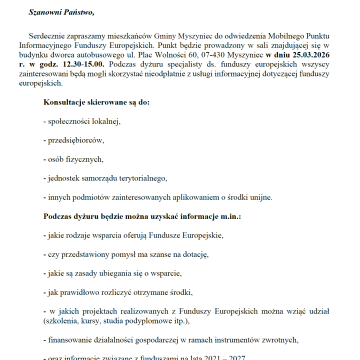 Zaproszenie do odwiedzenia Mobilnego Punktu Informacyjnego Funduszy Europejskich