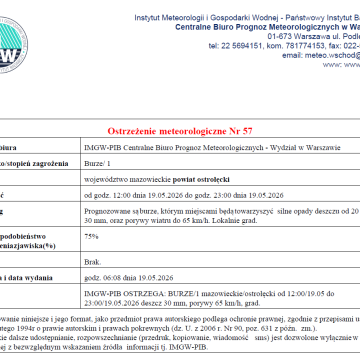 Ostrzeżenie meteorologiczne Nr 57
